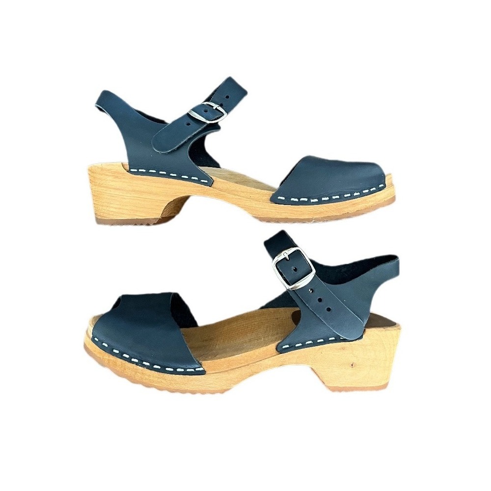 Lotta From Stockholm Navy Blue Leather Open Toe Clog Sandals Size 38